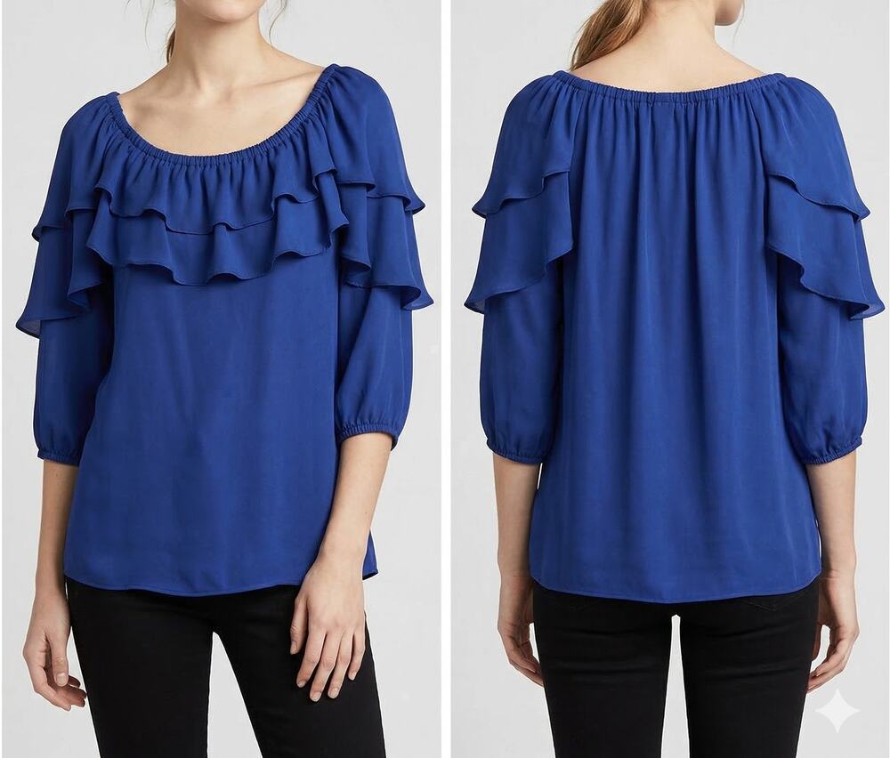 Relativity Womens Small Blue Off Shoulder Polyester Ruffle Sleeve Neck Top